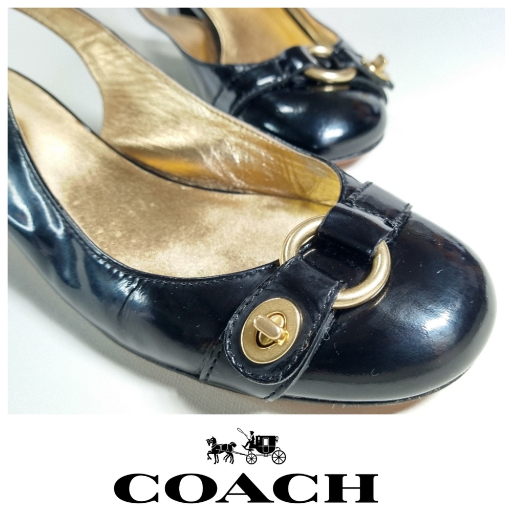 Coach Black Gold Patent Leather Slingback Block Heel Round Toe Shoes